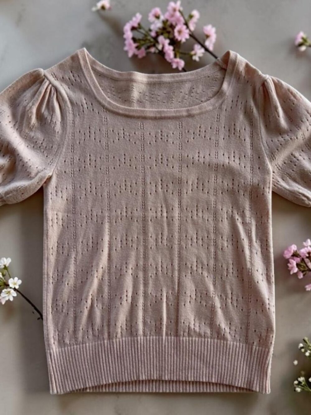 Pink Pointelle Knit Sweater Small Puff Sleeve Cottagecore Feminine